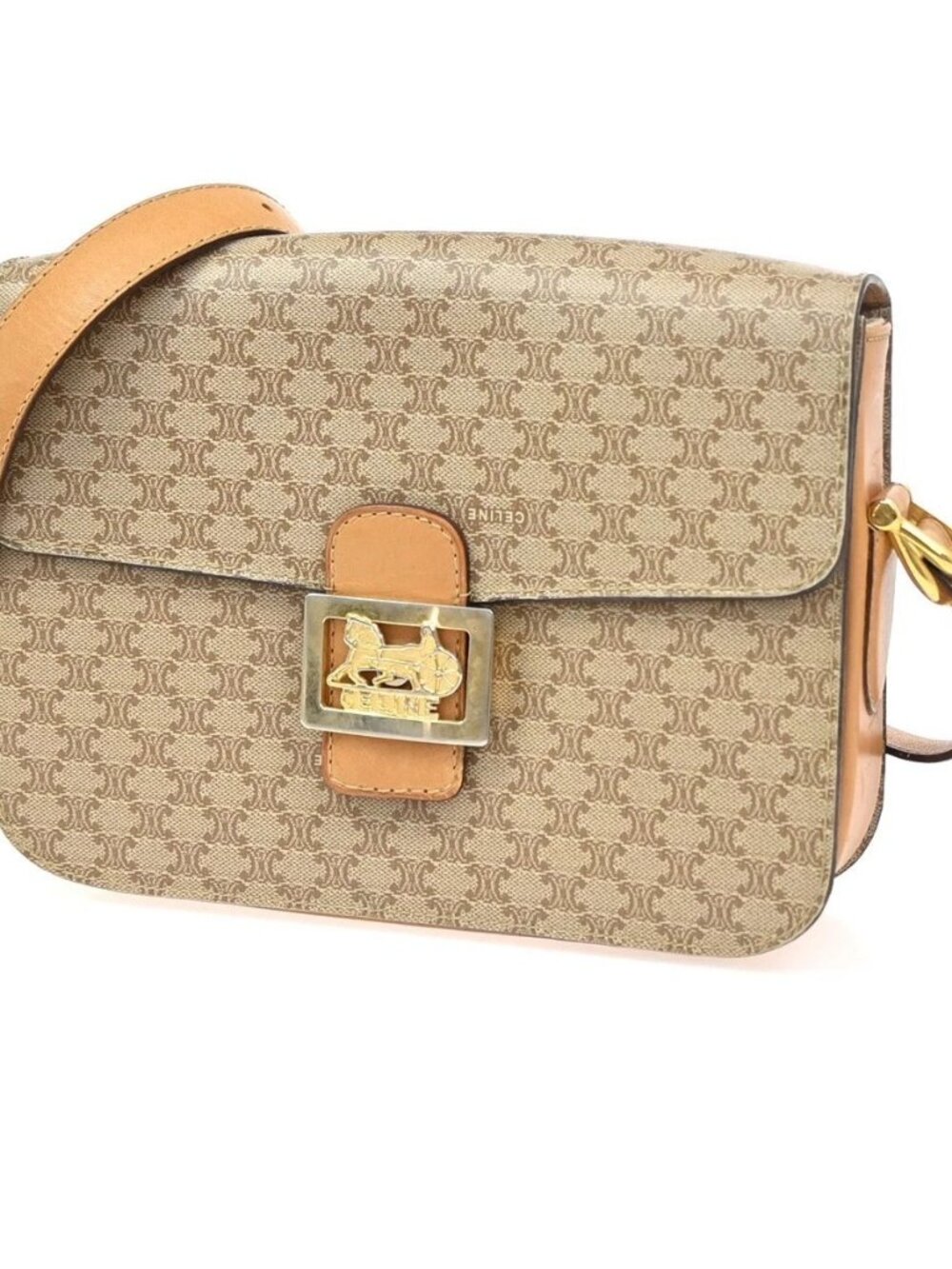 CELINE Logo Horse Carriage Macadam Shoulder Bag PVC Leather Beige GHW 30KC949